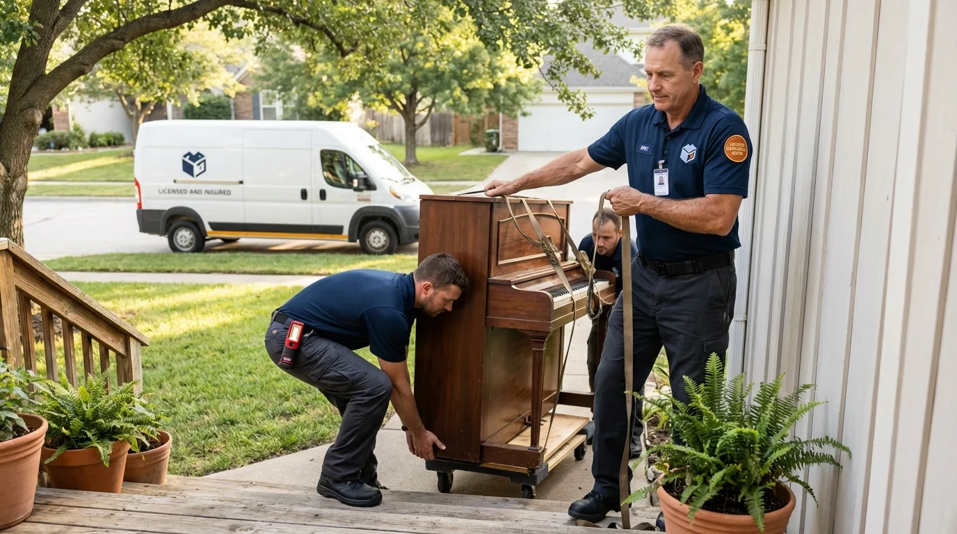 Licensed piano movers securing grand piano in Republic, WA