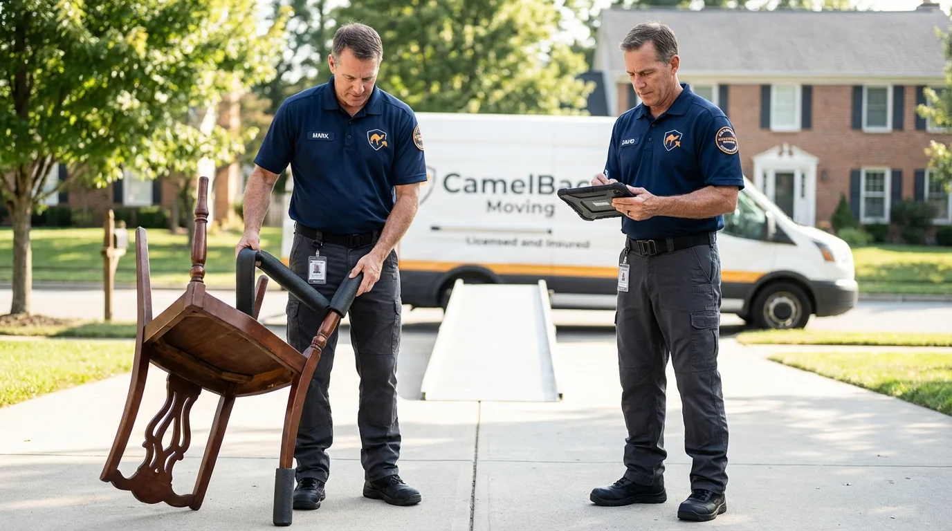 Movers inspecting furniture for damage prevention before loading in Republic, WA
