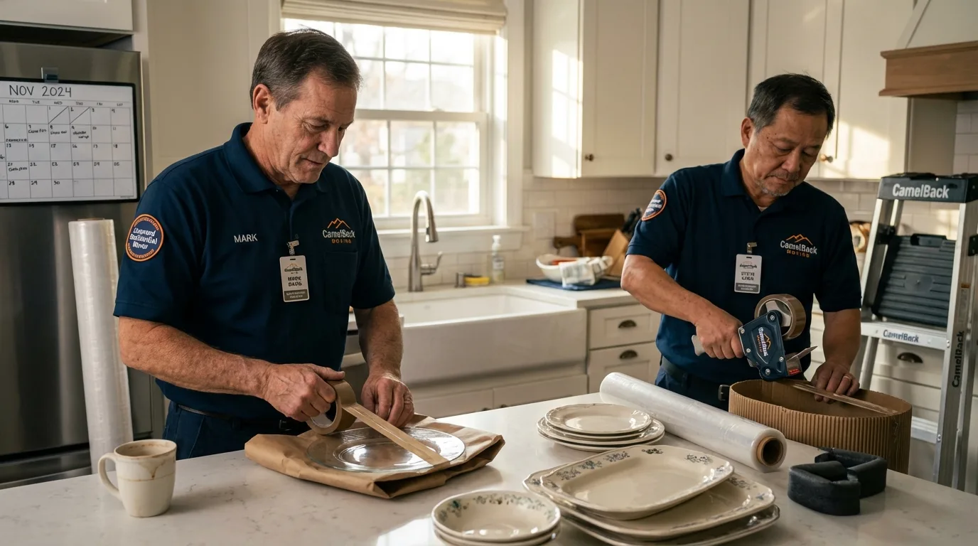 Professional crew packing kitchen dishware in Republic, WA